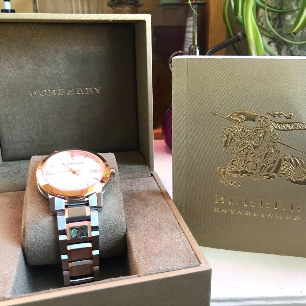 NWT * Burberry * Women's Large Check Two Tone Stainless Steel Bracelet watch